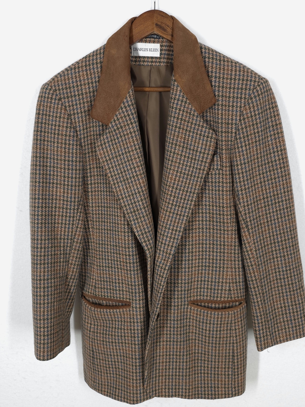 Vintage Charles Klein Women’s Houndstooth Blazer Size 8 Suede Leather Collar